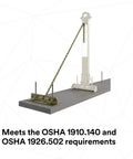 Heavy Duty Horizontal Lifeline System For Steel Beams Featuring Galvanized Tie Back Base and Zinc Chain Fitted For Rebar Stanchions on concrete slab.