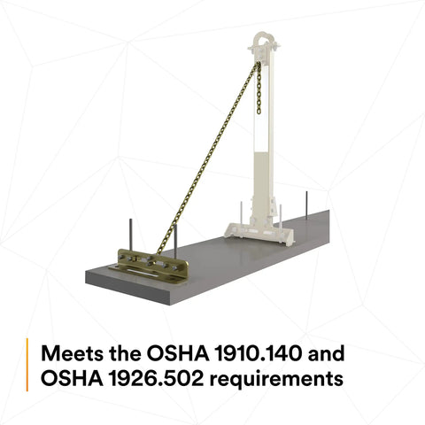 Heavy Duty Horizontal Lifeline System For Steel Beams Featuring Galvanized Tie Back Base and Zinc Chain Fitted For Rebar Stanchions on concrete slab.