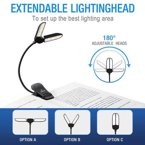 Clip On LED Book Light With Charger And Travel Case Covers Both Pages Warm White Reading Light adjustable heads