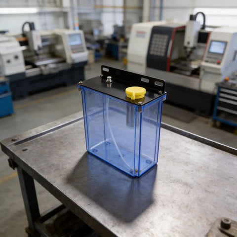 3L Cnc Coolant Tank For Router Milling Machine With Integrated Filter System on workbench, transparent reservoir with yellow cap.