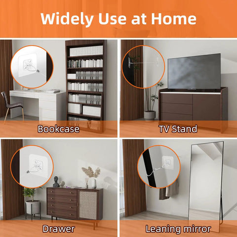 Six Pack Adjustable Forty Two Inch Metal TV Safety Straps No Drill Adhesive Anti Tip Furniture Wall Anchors installed on various furniture