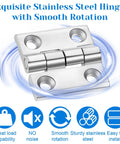 Front view of a polished stainless steel marine-grade hinge with four screw holes for boat hatch or cabinet