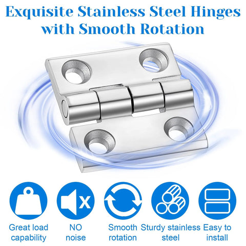 Front view of a polished stainless steel marine-grade hinge with four screw holes for boat hatch or cabinet