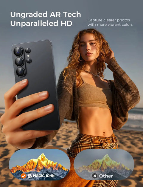 Woman holding a smartphone showcasing camera quality with upgraded AR tech and vibrant photo capabilities at the beach.