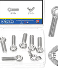 Six Pack Of M8 X 30mm Lifting Shoulder Eye Bolts With Wing Nuts In Stainless Steel Kit For Pipe Fasteners Machinery And Manufacturing Ring Eye Bolts With Butterfly Nuts For Heavy Lifting, shown in box