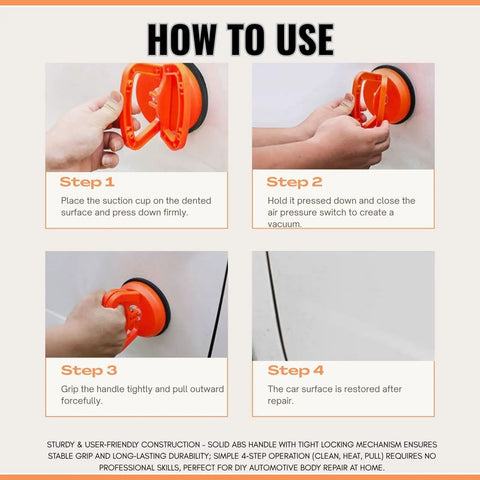 Step by step instructions for Heavy Duty Dent Puller Kit To Knock Out Stubborn Dings Quick Slick Suction Cup Paintless Auto Body Repair Tool.