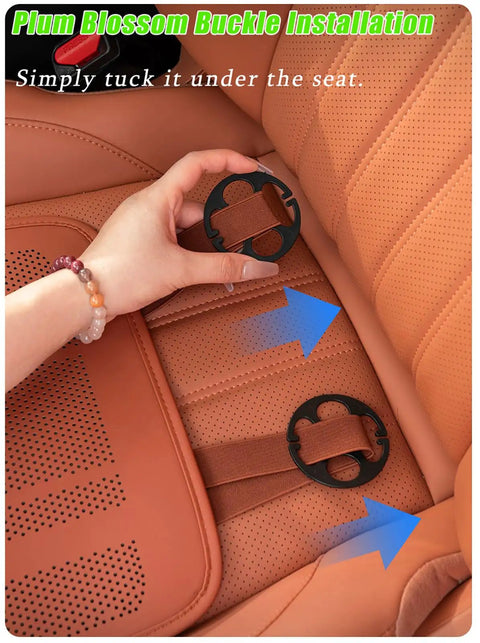Plum Blossom Buckle installation on tan PU leather seat for Ultimate Leg Support Cushion For Mini John Cooper Works Electric 2025.