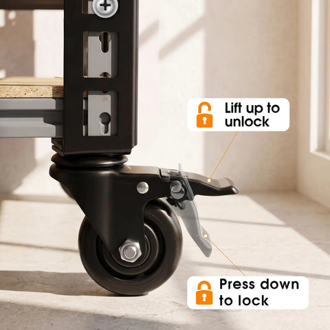 Close-up of 8 Pack 3 Inch Heavy Duty Caster Wheels With Beefy 3mm Steel Brackets 3000 Lbs Capacity For Storage Rack showing locking mechanism.