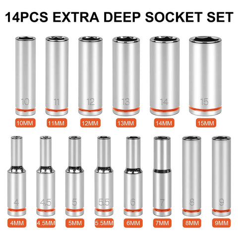 14-piece deep hex socket set from 4mm to 15mm, chrome vanadium steel, product: Quarter Inch Drive Metric Master Socket Set, 6 point