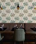 Kickass Midcentury Modern Vinyl Wallpaper With Sleek Leather Texture And Heavy Duty Commercial Grade Durability Custom Printed Just For You To Level Up Any Interior Space Today in a restaurant with palm tree design.