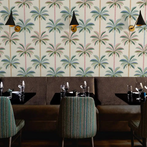 Kickass Midcentury Modern Vinyl Wallpaper With Sleek Leather Texture And Heavy Duty Commercial Grade Durability Custom Printed Just For You To Level Up Any Interior Space Today in a restaurant with palm tree design.