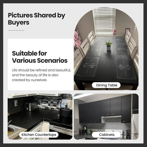Dining table, kitchen countertops, and cabinets covered with 24 Inch By 196 Inch Black Wood Peel And Stick Wallpaper for Furniture.