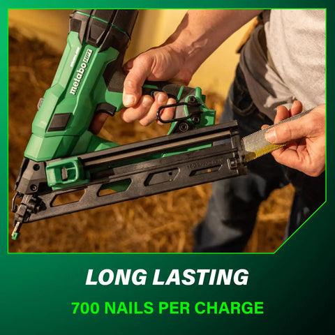 Person holding Cordless 18V Brushless 15-Gauge Angled Finish Nailer Kit With 2.0Ah Battery, nails ready for hardwood trim
