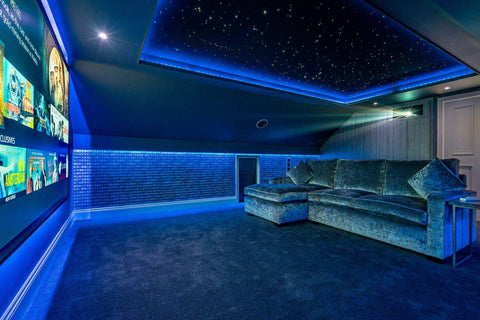 Home theater with Next-Level Bluetooth 20W Dual-Port Fiber Optic Star Ceiling Kit With 860 Fiber Strands 13.1Ft Each RGBW Lights