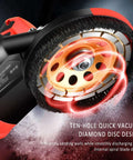 Close-up of Heavy Duty Angle Grinder And Concrete Polisher With Dual Handle showing 9 inch ten-hole diamond disc for efficient sanding.