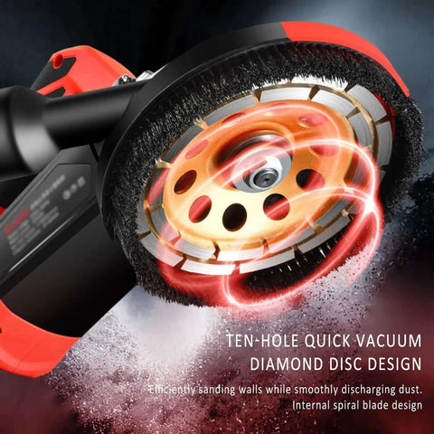 Close-up of Heavy Duty Angle Grinder And Concrete Polisher With Dual Handle showing 9 inch ten-hole diamond disc for efficient sanding.