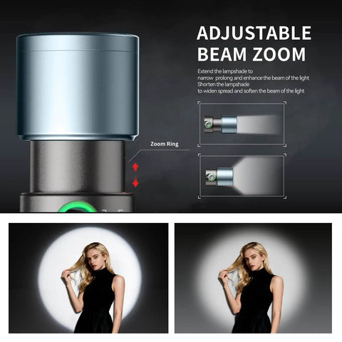 RGB Photography Light On The Go 10W Portable Fill Light With 8400mAh Battery 4 Color Modes CRI96 Plus showcasing adjustable beam zoom.