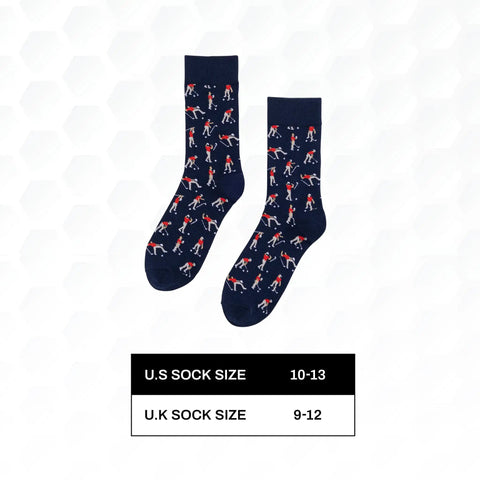 Funny Angry Golfer Socks Navy Blue For Men Size Ten To Thirteen One Pair Per Pack shown laid flat with golfer design