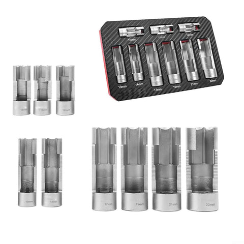 Diesel Fuel Line Wrench Set Nine Piece Pro Grade 10 To 22mm For Quarter Inch Three Eighths Inch And Half Inch Drives Chrome Vanadium Steel Injector Socket Tool Auto Repair Kit Silver Tight Space Access