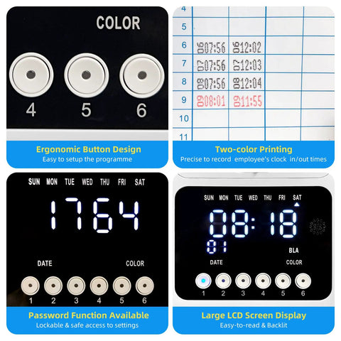 Foolproof Plug And Play Time Clock With Secure Passcode Lock For Small Business Featuring user-friendly buttons and two-color printing.