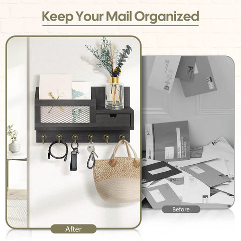 Key And Mail Organizer Wall Mount With Six Hooks And A Small Storage Drawer For Entryway And Home Decor Keeps Your Keys Mails Wallet And More Neat And Ready To Grab And Go Easy No Drill Install shown with accessories
