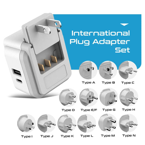 Worldwide Travel Power Adapter Set With 20W Power Delivery And Quick Charge, Dual USB Ports And USB C, 2 USA Outlets, 13 attachments.
