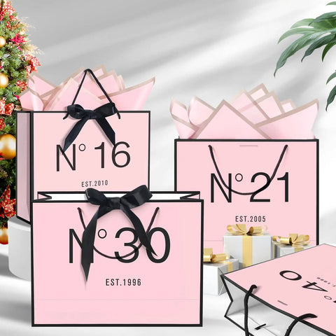 13 Inch Birthday Gift Bag Set With Card Envelope Ribbon Bow And Tissue Paper For Women And Girls Handles Includes Greeting Card Milestones From 13th To 100th in pink and black design