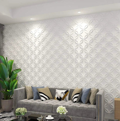 Living room with 3D Interlocking Circles Wall Panel In Matte White PVC For Interior Walls And Ceilings, decor with plants and sofa