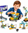 Hands On 50 In 1 STEM Science Kit For Kids Ages 8 12 Motorized Building Toy For Boys And Girls Educational Engineering Set Birthday Gift boy building a motorized STEM model with gears and wheels