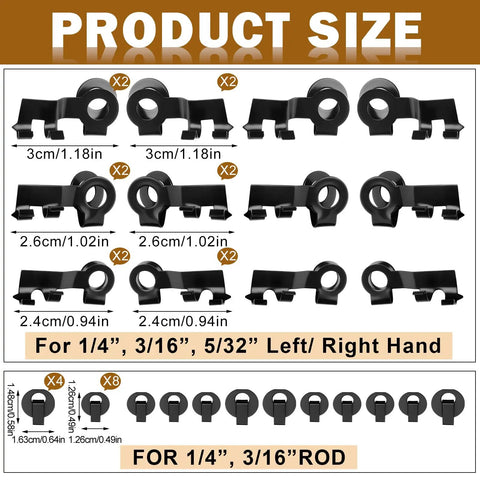 24 Piece Linkage Clip Set Universal Fit For Vintage Cars Trucks Wagons Sedans With Assorted Sizes And Styles To Cover A Wide Range Of Linkage Systems And Make Restoration Projects Easier For DIY Hot Rods And Classic Cars. Black iron linkage clips in 1/4 and 3/16 rod sizes