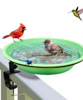 Heavy Duty Deck Mount Bird Bath And Feeder Combo With Snap Lock Railing Clamp, Detachable Green Gradient Basin with birds bathing.