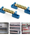 2 Pack Brass Ground Bar Terminal Block, 6 Position Wire Screw Grounding Bus Bar with 5mm Holes, shown in electronics panels.