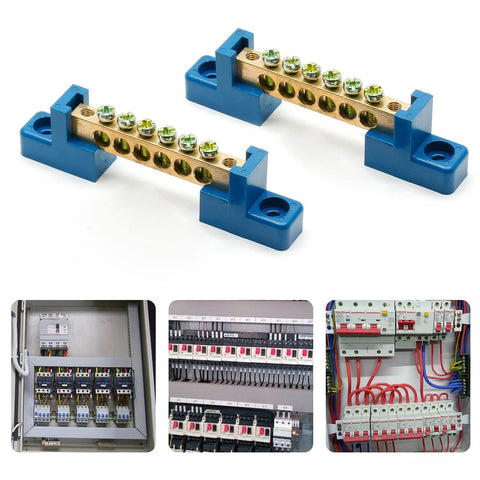 2 Pack Brass Ground Bar Terminal Block, 6 Position Wire Screw Grounding Bus Bar with 5mm Holes, shown in electronics panels.