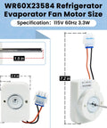 Evaporator Fan Motor For GE And Hotpoint Refrigerators, Replacement Part Fits WR60X23584 dimensions with wiring