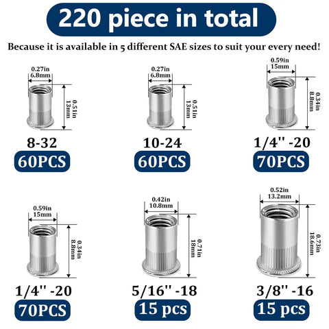 Beefy Stainless Steel Rivet Nut Assortment Kit 220 Pieces With Five SAE Sizes Including Eight-32 Ten-24 One Quarter Twenty