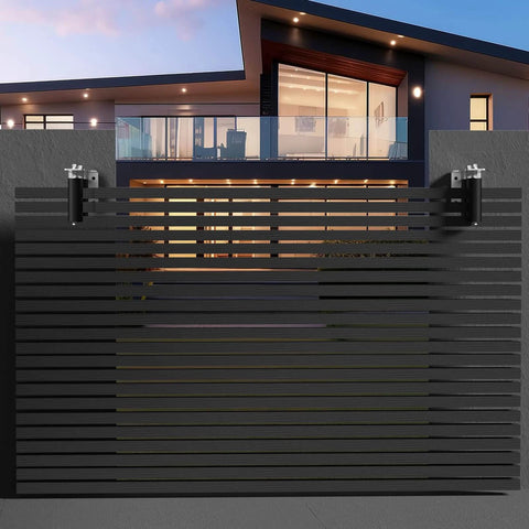 Modern house with installed 2 Pack Heavy Duty Sliding Gate Rollers With Adjustable 6 Inch Double Hard Nylon Rollers, black finish.
