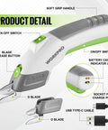 WORKPRO Cordless Electric Scissors With Dual Sharp Blades, features blade release button and battery indicator.