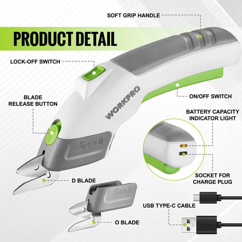 WORKPRO Cordless Electric Scissors With Dual Sharp Blades, features blade release button and battery indicator.
