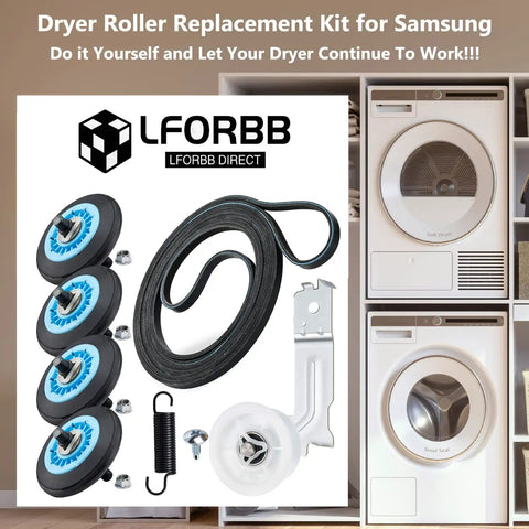 Front Load Dryer Roller Replacement Kit With Belt And Idler Pulley for Samsung compatible with DV42H5000EWA3, DV45H7000EWA2, and DV48H7400EWA2
