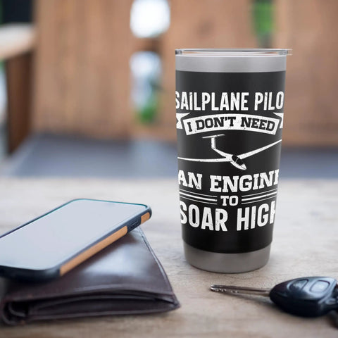 Stainless Steel Insulated Tumbler For Sailplane Lovers And Aviation Enthusiasts Keeps Cold Drinks Ice Cold Or Hot Coffee On Long Fly Days Durable Travel Mug Built For Glider Pilots And Aviation Nerds on table with keys and phone