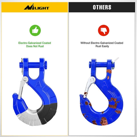 Comparison of a Forged Steel Winch Hook Set 3/8 Inch Grade 70 with and without electro-galvanized coating highlighting rust resistance.