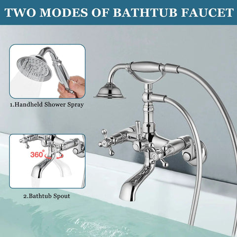 Polished Chrome Clawfoot Tub Faucet Set With Handheld Shower Wall Mount Tub Filler Two Cross Handles And Tub Spout