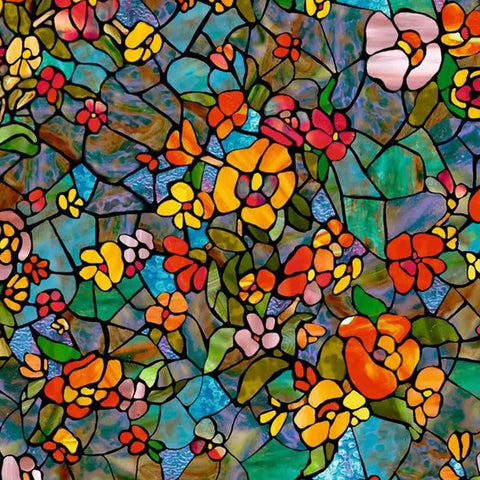Self Adhesive Privacy Glass Window Film 3 Pack Venetian Garden 17 Inch By 78 Inch Roll with floral stained glass design.