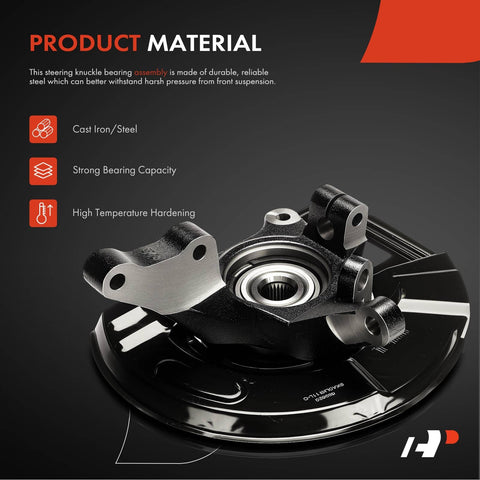 Beefed Up Front Left Steering Knuckle And Wheel Bearing Hub Assembly For Hyundai Santa Fe 2001 2002 2003 2004 With Dust Shield 16 Inch Wheels And 294mm Front Rotor Driver Side Replacement, made of durable cast iron, showcasing its strong bearing capacity and high temperature hardening.