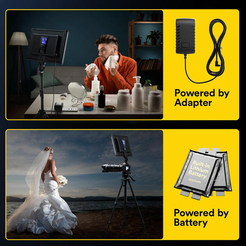 Soft 13 Inch LED Video Light Panel With 8000mAh Battery in studio and outdoor use, showcasing powered options.