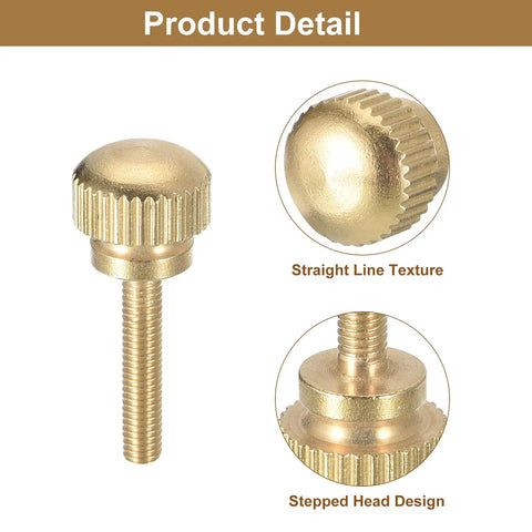 Top Shelf Brass Knurled Thumb Screws M3 X 16mm With Smooth Shoulder Grip Fasteners showing knurled textures and stepped design.