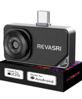 Thermal Imaging Camera For iPhone And Android With 512x384 IR Resolution And USB C, Temperature Range Minus Four To Eight Hundred Forty Two Fahrenheit, Works With iOS Android And Windows, Includes Dedicated Camera Plus App, shown on stand with box.