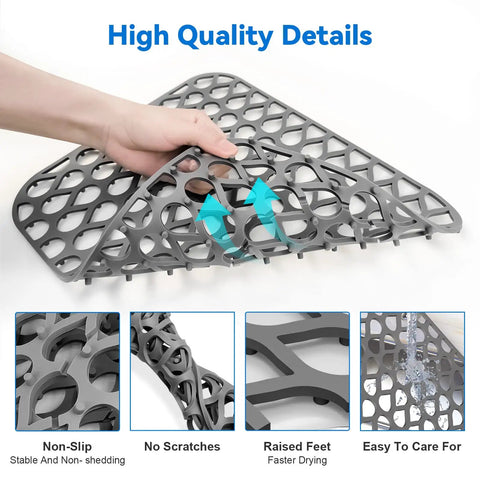 Person holding 2 Pack Silicone Sink Mats Dope Non Slip Foldable Grids For Kitchen Sinks, heat resistant food grade, gray color focus.
