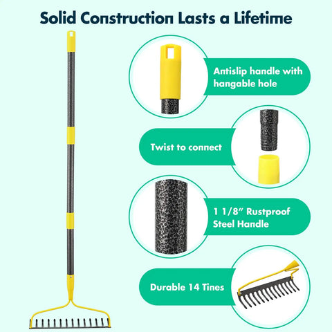 Heavy Duty 60 Inch Bow Rake With 14 Tines All Steel Garden Rake For Lawn And Landscaping Adjustable Handle From 34 To 60 Inches Loosening Soil Leveling Mulch Gathering Leaves Yard Work Beast