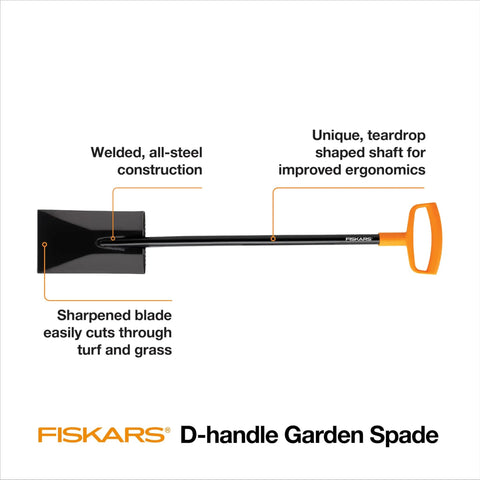 46 Inch Steel Flat Spade With Ergonomic D-Handle For Lawn Edging And Tough Digging, sharp blade shown with construction details